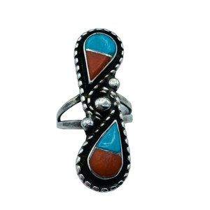 Vintage Native American Sterling Silver Inlay Turquoise Coral Ring Size 5.5